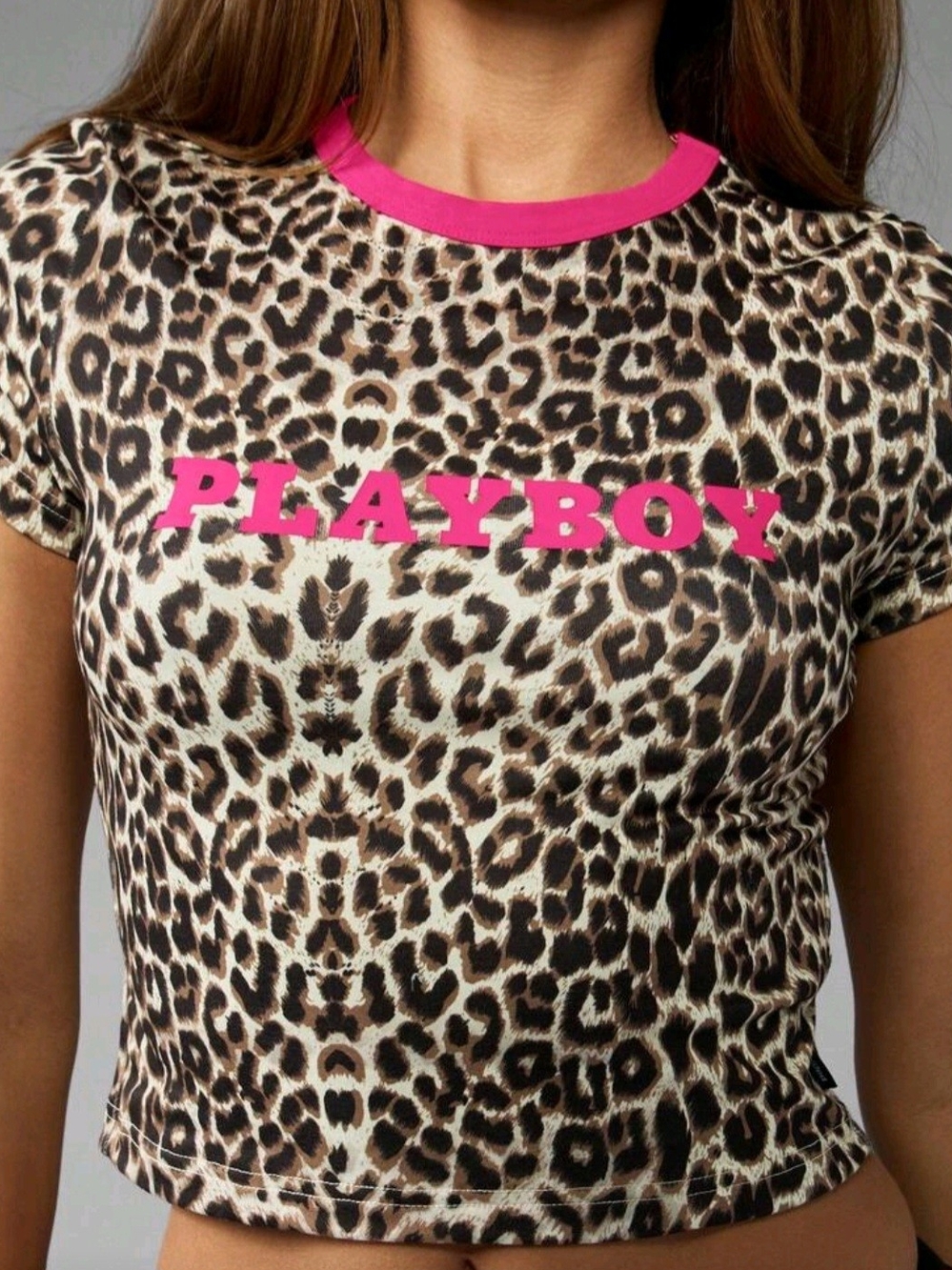 PLAYBOY Leopard Print Logo Tee with Hot Pink Trim